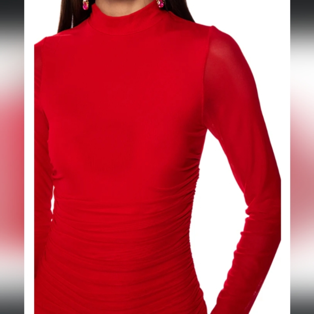 AKIRA Red Long Sleeve Ruched Midi Dress - Picture 5 of 9